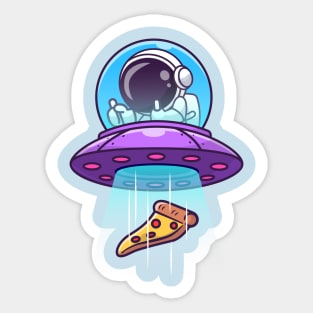 Cute Astronaut Catching Pizza With Ufo Cartoon Sticker